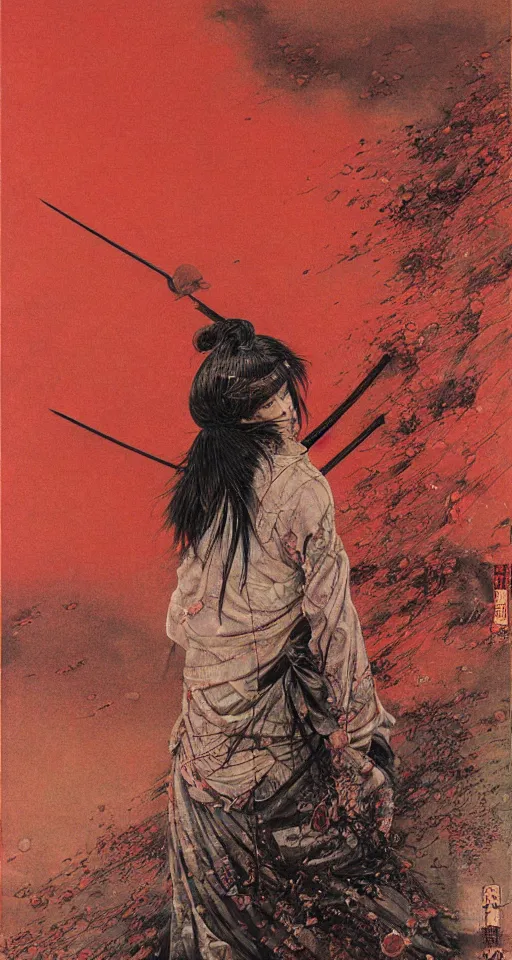 Image similar to Japanese schoolgirl runs away from Samurai with a katana on the subway, high detailed Beksinski painting, part by Adrian Ghenie and Gerhard Richter. art by Takato Yamamoto. masterpiece, deep colours, red