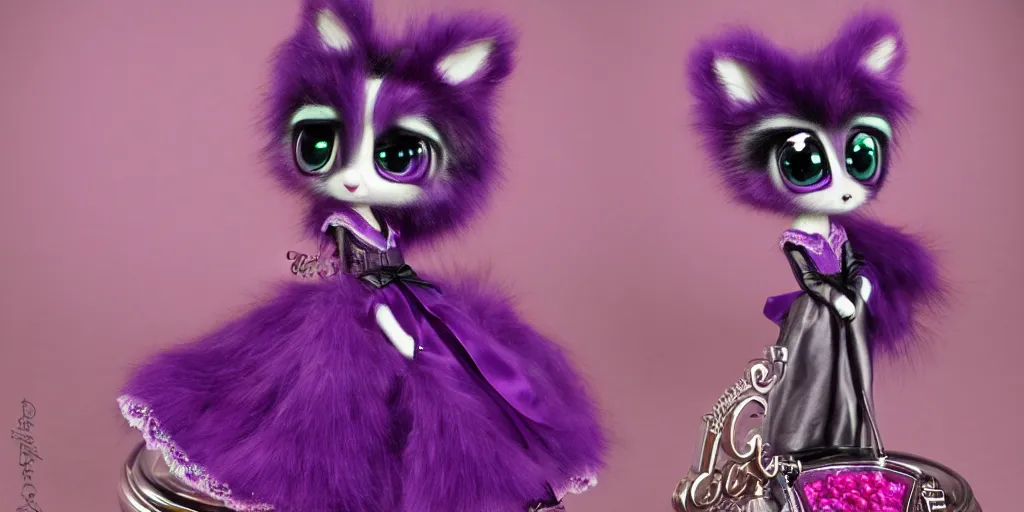 Prompt: 3 d purple littlest pet shop purple raccoon, vintage gothic gown, gumball machine, real fur, smiling, lace, master painter and art style of noel coypel, art of emile eisman - semenowsky, art of edouard bisson