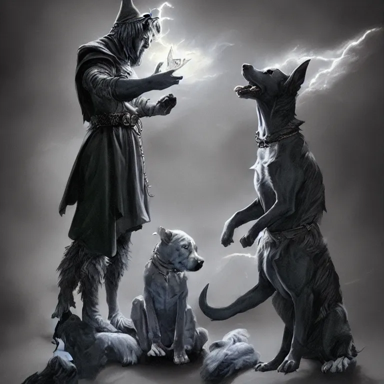 Image similar to dog wizard casting a powerful magic spell, fantasy, majestic pose, dramatic lighting, cinematic scene, frank frazetta, visually stunning, trending on artstation