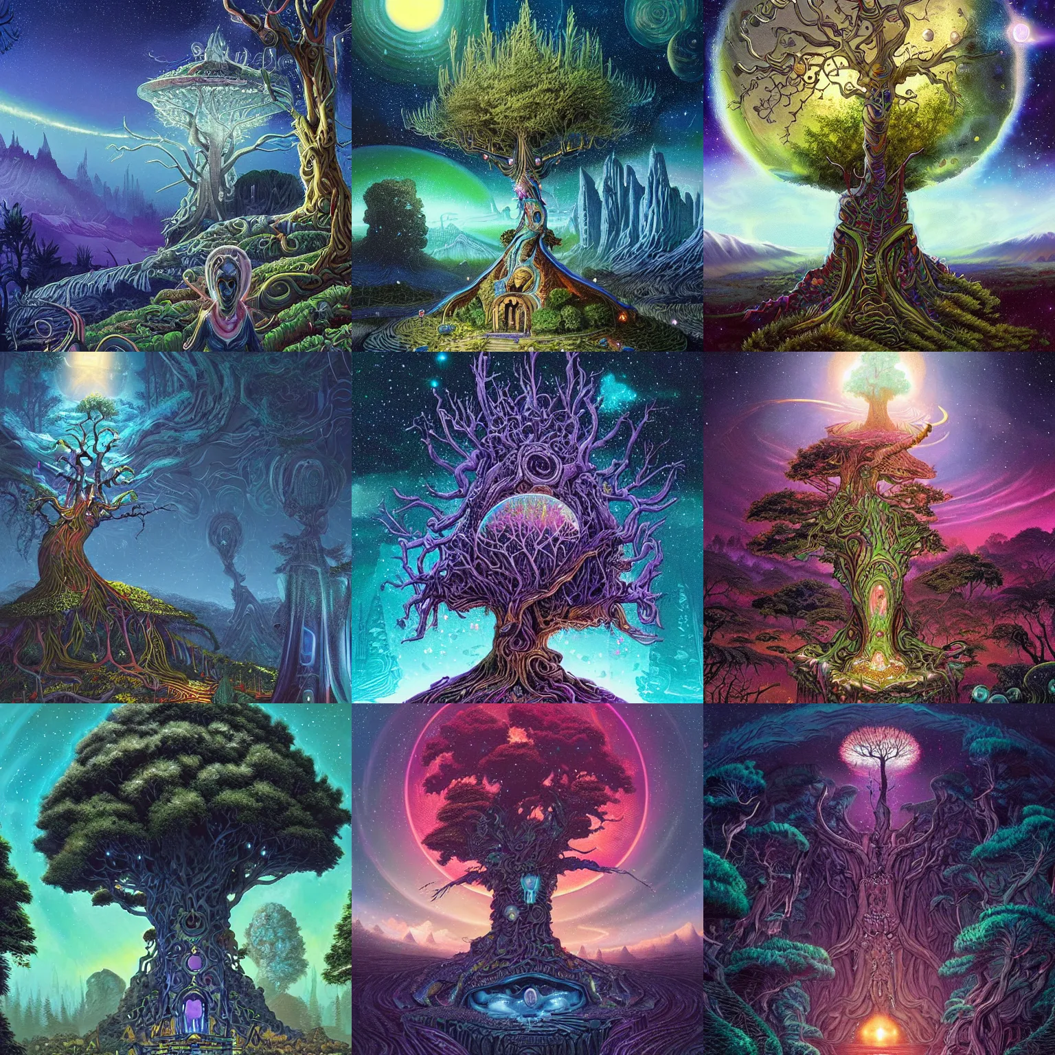 Prompt: a masterpiece! matte painting of a beautiful! tree with a shining opal! in its' center and opulent crystals! at it's base set within an alien! landscape, by Pail Lehr and Dan Mumford and Dan Hillier
