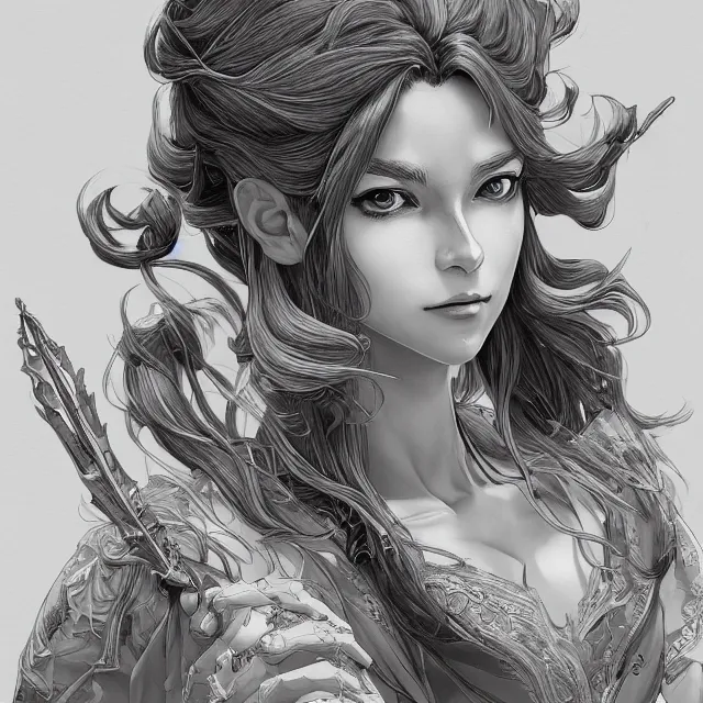 Image similar to the portrait of the lawful evil sorceress lawyer as an absurdly beautiful, graceful, elegant, sophisticated, anime woman, an ultrafine hyperdetailed illustration by kim jung gi, irakli nadar, intricate linework, bright colors, octopath traveler, final fantasy, unreal engine 5 highly rendered, global illumination, radiant light, detailed and intricate environment