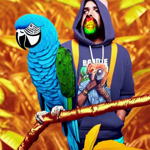 Image similar to parrots dressed in rapper clothes, sitting on golden trees, rap scene, concept art, trending on artstation, highly detailed, digital art, 8 k