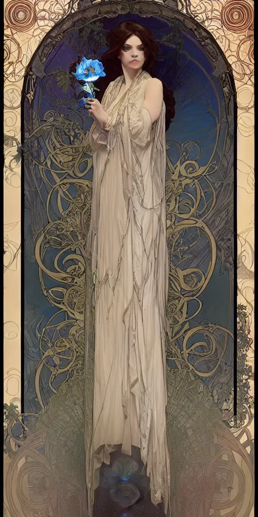 Image similar to Beautiful female wizard with blue rose robes wearing an intricate arcane makeup searching for her soul, digital art, art by Alphonse Mucha, Greg Rutkowski, Alex Ross, WLOP