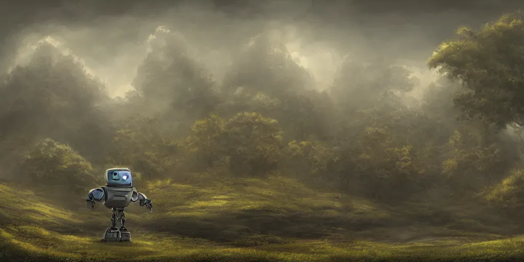 Prompt: a very happy robot in shrubland garigue, matte painting, concept art, 4 k