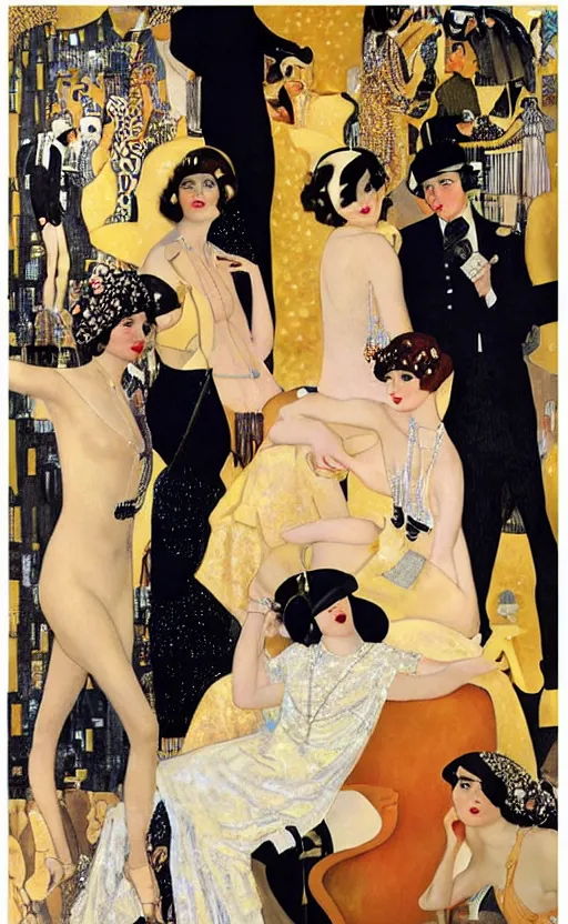 Image similar to an oil painting of jazz age high society life, 1920s style, dressed in 1920s fashion, smooth, highly detailed, high contrast, by Klimt, Coles Phillips, Dean Cornwell, JC Leyendecker, 8K