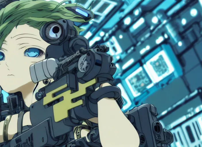 Prompt: female cyberpunk soldier shooting at a tank, Kyoto animation, last exile, blue submarine no. 6, gustav klimt, loish, murata range, kawaii, Madhouse anime studios Black Lagoon Perfect Blue, yoshitaka amano, studio lighting, manga, bright colors, beautiful, 35mm lens, vibrant, high contrast