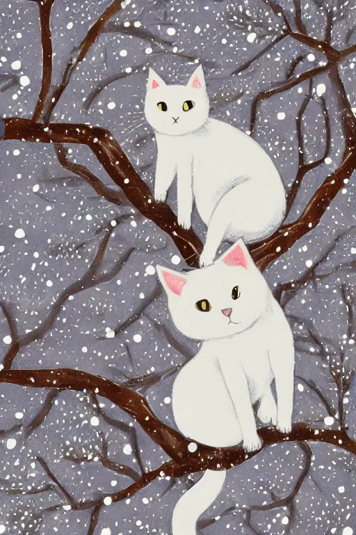 Prompt: white cat in the tree in winter day in the style ofukiyo-e