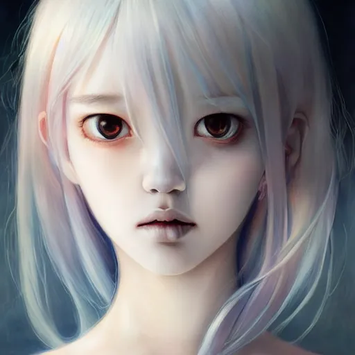 Prompt: Portrait 🍔💀 by Miho Hirano, Ross Tran and Ilya Kuvshinov, realistic, detailed, white, light pink tonalities, beautiful collage technique including flora, sea, wind, ornate sea background, beautiful Fantasy detailed trending on artstation, oil painting,Dramatic lighting, eterea , high quality print, fine art with subtle redshift rendering