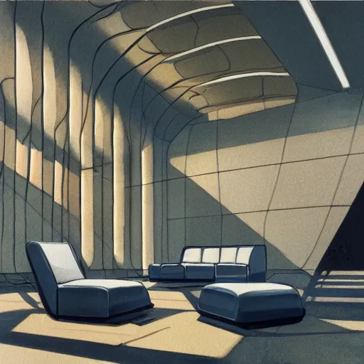 Image similar to a beautiful illustration of futuristic interior hall, lots of furniture, sofa, waiting room, big medium small, sacred geometry, golden ratio, in watercolor gouache detailed paintings, in style of syd mead, trending on artstation,8k, panel, hard surface, vent, zaha hadid