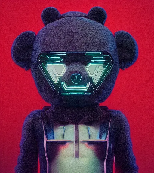 Prompt: portrait of a plush teddy bear, with cool cyberpunk dressing and implants, by greg rutkowski, wlop, beeple, dan mumford. octane render, trending on artstation, greg rutkowski very coherent symmetrical artwork. cinematic, hyper realism, highly detailed, octane render, 8 k, iridescent accents