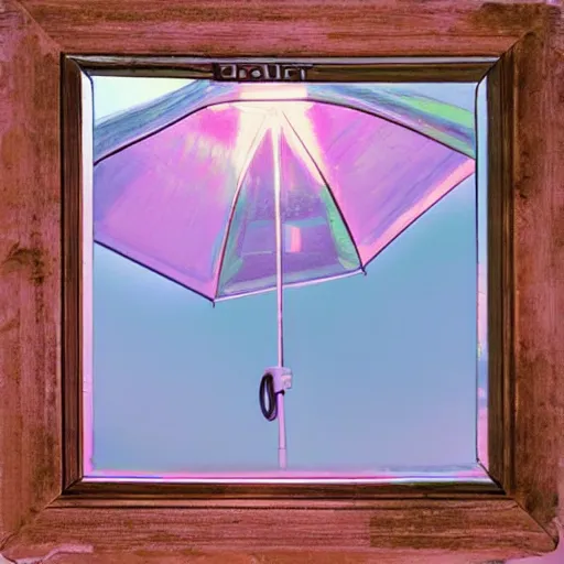 Image similar to a pastel coloured Polaroid photo of a sunbed and umbrella made of transparent iridescent perspex stood in a field, beams of light, nostalgic