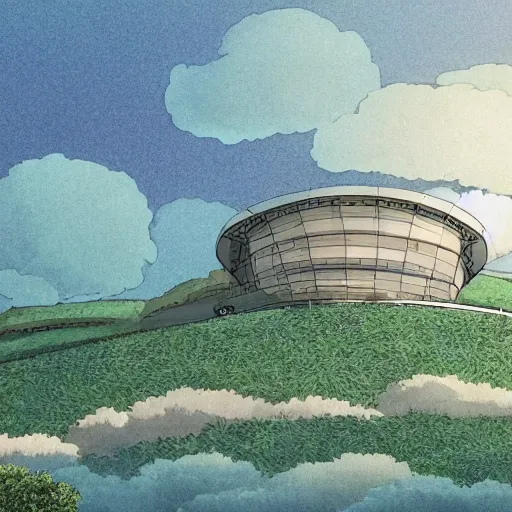 Prompt: a norman foster building in a studio ghibli landscape