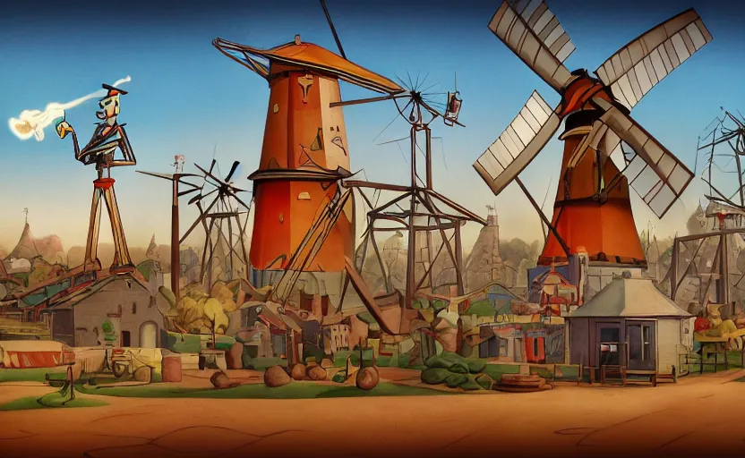 Image similar to a windmill, 1 9 2 0 s rubber hose cartoon style, looney tunes, silly symphony, robot, fire, ash, electricity lightning, furry, soft, concept art, sharp focus, intricate details, highly detailed, photorealistic, disney pixar, octane render, iridescent, anime, 8 k