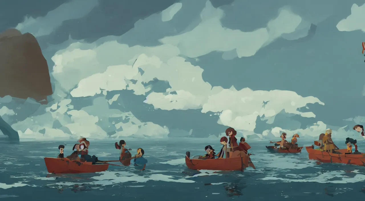 Image similar to havanese dogs pulling arctic explorers from the water, 1 9 0 0, tartakovsky, atey ghailan, goro fujita, studio ghibli, rim light, scary, afternoon lighting, clear focus, very coherent