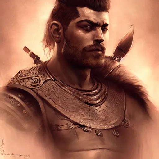 Prompt: proud muscular turkish warrior, portrait by Cedric Peyravernay, highly detailed, excellent composition, cinematic concept art, dramatic lighting, trending on ArtStation