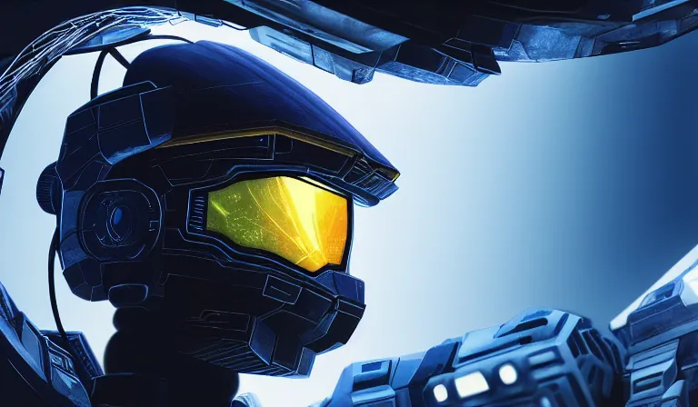 Image similar to cyberpunk halo helmet on space looking up, close shot, reflection, epic, dramatic, cinematic, award winning, ultra detailed, realistic, 8k,