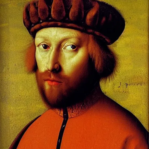 Image similar to portrait of a king with an orange cats head for a head, oil painting by jan van eyck, northern renaissance art, oil on canvas, wet - on - wet technique, realistic, expressive emotions, intricate textures, illusionistic detail