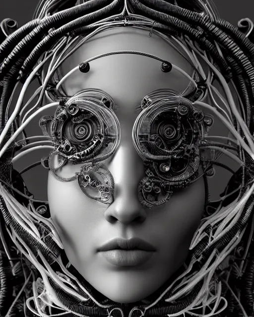 Image similar to mythical dreamy black and white organic bio-mechanical spinal ribbed profile face portrait detail of mechanical beautiful female angelic-vegetal-cyborg, highly detailed, intricate steampunk ornate, poetic, 3D render, digital art, octane render, 8K artistic photography, photo-realistic, by Dora Maar