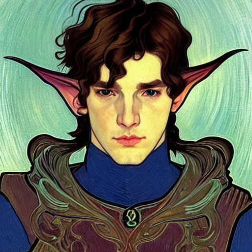 Image similar to portrait painting of young handsome beautiful paladin elf!! man with long! wavy dark hair and blue eyes in his 2 0 s named taehyung minjun james, pale, wearing armor!, gorgeous hair, elf ears, icy eyes, elegant, cute, delicate, soft facial features, art by alphonse mucha, vincent van gogh, egon schiele,