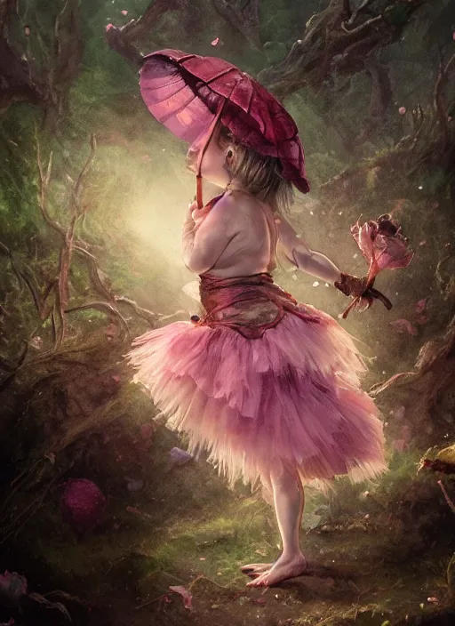 Prompt: A fat goblin princess with a tattered pink tutu, mushroom umbrella, watercolor, dramatic lighting, cinematic, establishing shot, extremely high detail, foto realistic, cinematic lighting, pen and ink, intricate line drawings, by Yoshitaka Amano, Ruan Jia, Kentaro Miura, Artgerm, post processed, concept art, artstation, matte painting, style by eddie mendoza, raphael lacoste, alex ross,