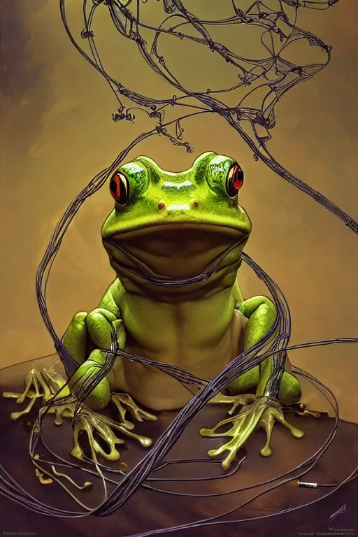 Prompt: hyperrealist portrait of a humanoid frog dressed as a space sport engineer, it is decorated with long wires that fall like vines and wears small computers over their body. by jeremy mann and alphonse mucha, fantasy art, photo realistic, dynamic lighting, artstation, poster, volumetric lighting, very detailed faces, 4 k, award winning