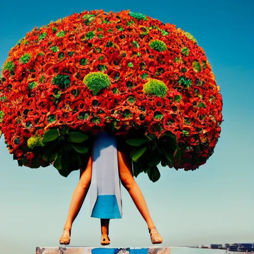 Image similar to giant flower head, full body, girl standing in hotel, surreal, symmetry, mid century, bright colours, blue sky, realistic, wes anderson