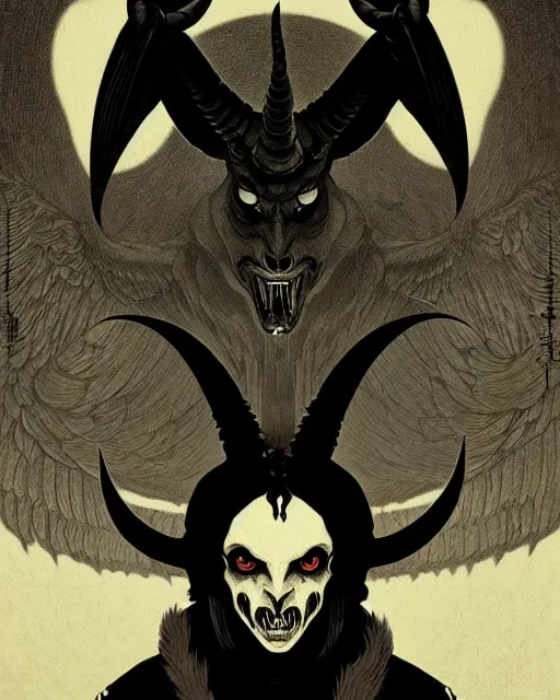 Image similar to baphomet, evil, horror wallpaper aesthetic, portrait, cinematic, dramatic, super detailed and intricate, by koson ohara, by darwyn cooke, by greg rutkowski, by satoshi kon