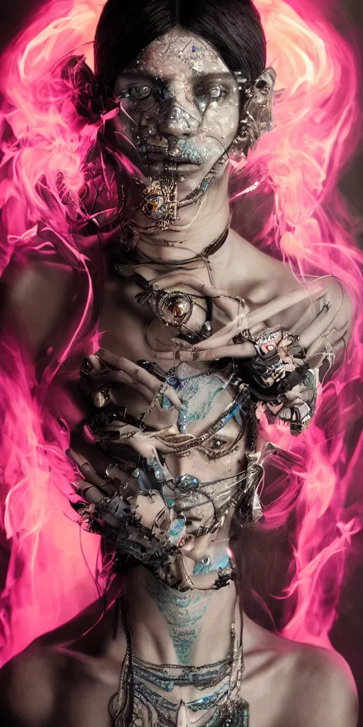 Image similar to hyperrealistic futuristic high fashion photography, girl in studio, full body, vogue magazine, nomad masterpiece, nano parts, neon lights, smoke, eerie music, beautiful intricate face and flawless skin, tribal jewelry, tattoos, perfect hands, head piece, by Edgar Maxence and Ross Tran and Michael Whelan, 8k, octane render