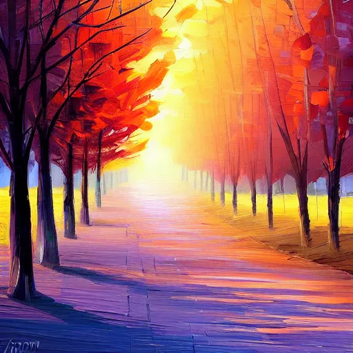 Image similar to tree-lined path at sunset, by Aenami Alena, Afshar Petros and Afremov Leonid