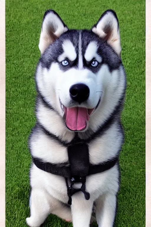 Image similar to a character design of a husky wearing a white vest