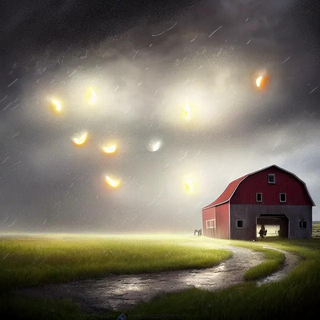 Image similar to epic professional digital art of and epic rainstorm of fried eggs falling on to a Kansas barn at midday, best on artstation, cgsociety, wlop, Behance, pixiv, astonishing, impressive, outstanding, epic, cinematic, stunning, gorgeous, concept artwork, much detail, much wow, masterpiece.