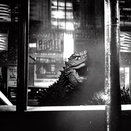 Prompt: noir movie scene, closeup shot, godzilla in a crowded bar kissing a laughing clown