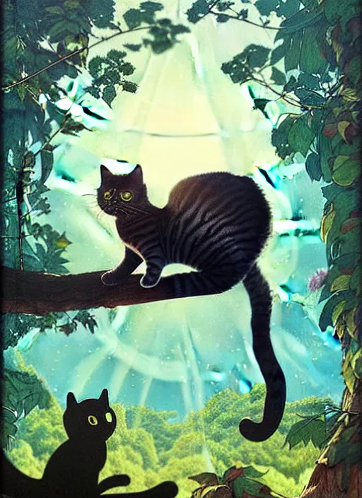 Image similar to a hyper realistic ink cat and the meaning of life and sunbeams blue sky, lush forest poster art by chiara bautista and kim jung giu and norman rockwell and greg rutkowski weta studio, and lucasfilm