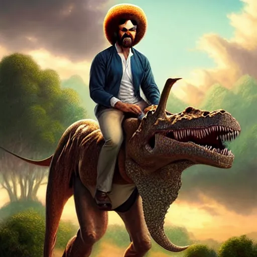 Image similar to bob ross!!! riding!!! a dinosaur!!, giant afro!, model pose, ultra realistic, concept art, intricate details, highly detailed, photorealistic, octane render, 8 k, unreal engine. art by artgerm and greg rutkowski and alphonse mucha