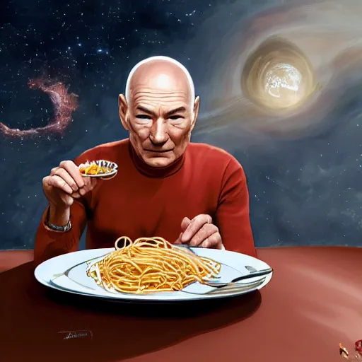 Prompt: patrick stewart eating spaghetti in a star ship concept art, ultra realistic, digital art, rich deep colors, smooth shadows, high resolution, cinematic