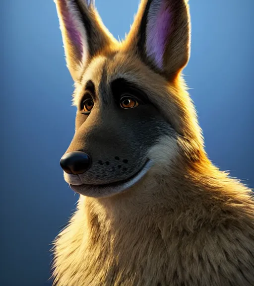 Image similar to a film still from zootopia main character portrait anthro anthropomorphic german shepard head animal person fursona pixar and disney animation, sharp, rendered in unreal engine 5, anime key art by greg rutkowski, bloom, dramatic lighting