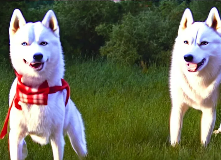 Prompt: film still of an anthropomorphic white vested husky!!!!!! in a white vest wearing a white vest!!!!! in the new kids movie, 8 k