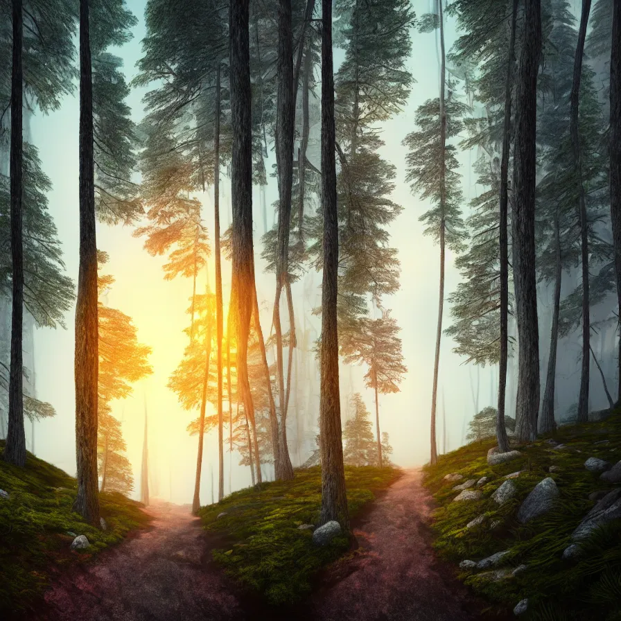 Image similar to abstract hyperrealist artwork of a single path leading down the horizon through giant pine forests down a rocky mountain coast towards a majestic sunset. atmospheric foggy landscape, soft tones, psychedelic, ultra realistic, concept art, modern art, photorealistic, octane render.