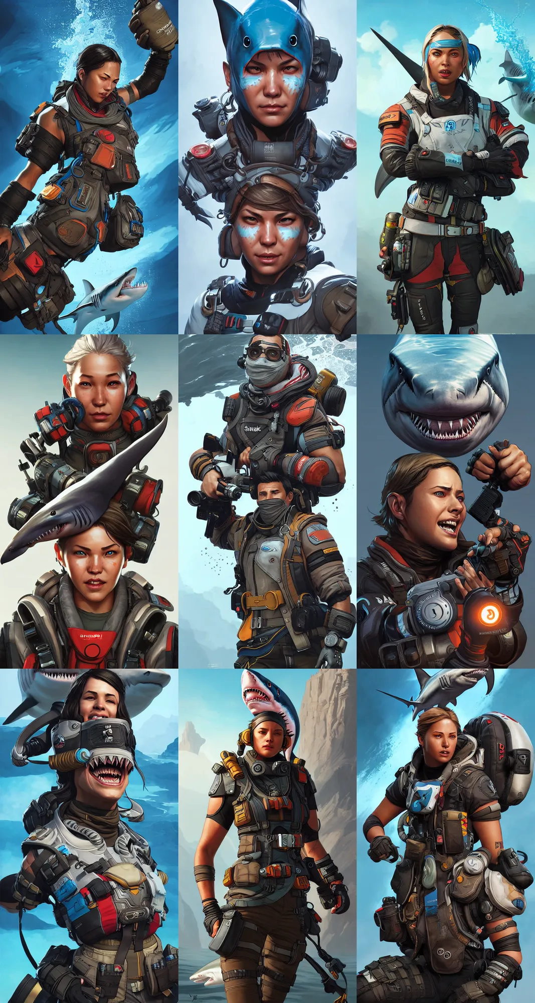 Prompt: shark as an apex legends character digital illustration portrait design by, mark brooks and brad kunkle detailed, gorgeous lighting, wide angle action dynamic portrait