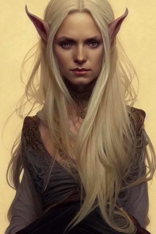 Image similar to portrait of an old blonde elven mage, dark, piercing eyes, gentle expression, elegant clothing, photorealistic, highly detailed, artstation, smooth, sharp focus, art by michael whelan, artgerm, greg rutkowski and alphonse mucha