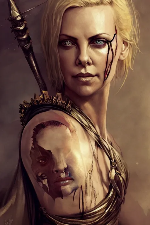 Prompt: charlize theron, warrior, lord of the rings, tattoos, decorated ornaments, by carl spitzweg, ismail inceoglu, vdragan bibin, hans thoma, greg rutkowski, alexandros pyromallis, perfect face, fine details, realistic shadeing