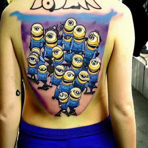 Image similar to tattoo of army of cute minions on female lower back, epic, colorful, beautiful, intricate detail