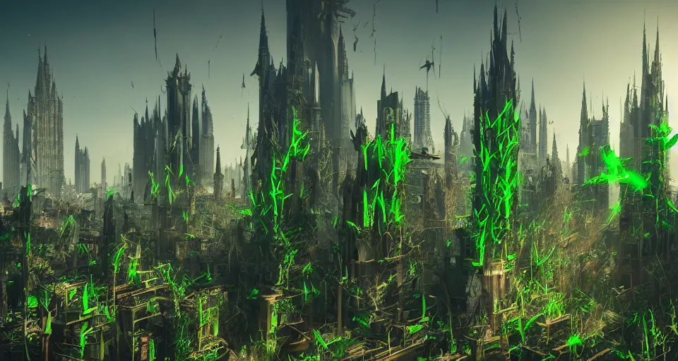 Image similar to giant thick green Spikes grow angular out of the ground in a gothic medieval cyberpunk city, debris flying around, the feeling of grimdark terror and pain, high quality, detailed, 8k, unreal engine, octane render, trending on artstation