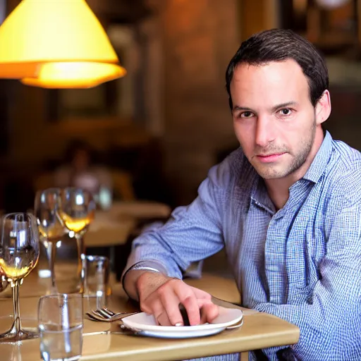 Prompt: photo in the year 2 0 1 0 of a frenchman from france seated in a restaurant. 5 0 mm, studio lighting