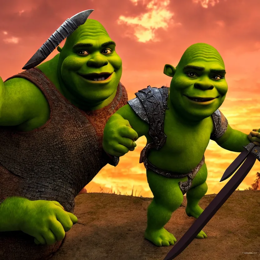 Image similar to shrek as a gladiator holding a sword, roman colosseum, sunset, cinematic lighting, volumetric lighting, award winning photography, highly detailed, intricate, sharp focus, 4 k wallpaper, unreal engine, 9 0 mm, f / 1. 4