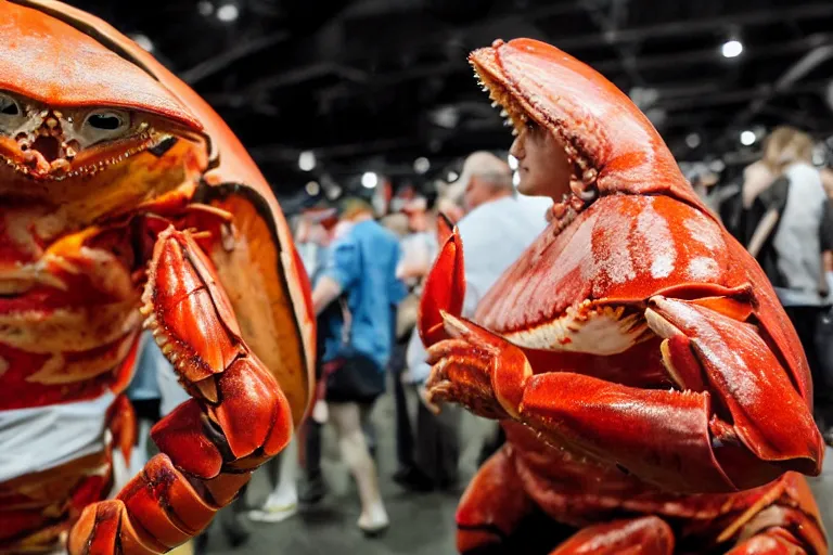 Image similar to cosplayer dressed like a crab, in 2 0 1 8, at a crab convention, royalcore, low - light photograph, photography by tyler mitchell