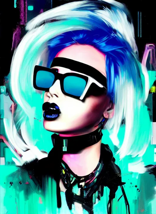 Prompt: an angelic hacker with turquoise hair in vast cyberspace glitching through a vulnerable server, wearing sunglasses and black lipstick and a black choker, futuristic clothes, vibrant colors, rule of thirds, spotlight, drips of paint, expressive, passionate, by greg rutkowski, by jeremy mann, by francoise nielly, by van gogh, digital painting