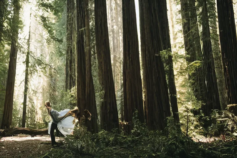 Image similar to cinematography closeup portrait of couple dancing in the redwood forest, thin flowing fabric, natural light by Emmanuel Lubezki