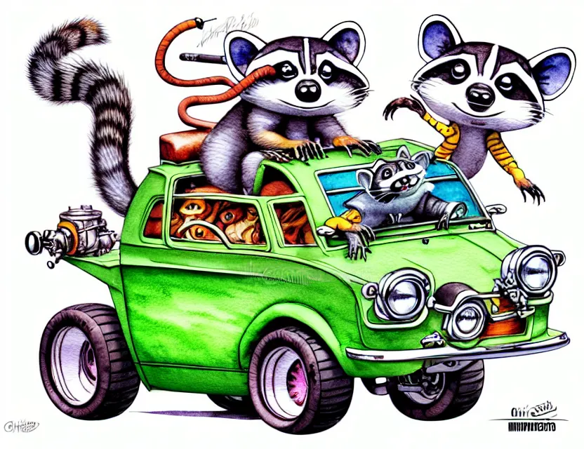 Image similar to cute and funny, racoon riding in a tiny hot rod with oversized engine, ratfink style by ed roth, centered award winning watercolor pen illustration, isometric illustration by chihiro iwasaki, edited by range murata, tiny details by artgerm and watercolor girl, symmetrically isometrically centered