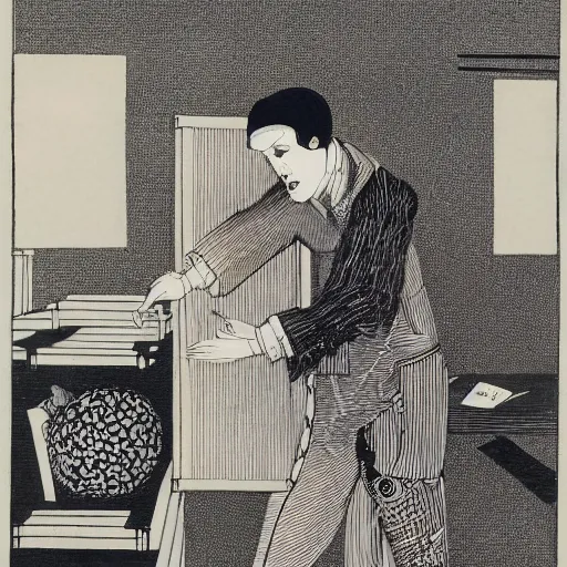 Image similar to Moodymann browsing a crate of reocrds, black ink illustration, woodblock print, by Aubrey Beardsley